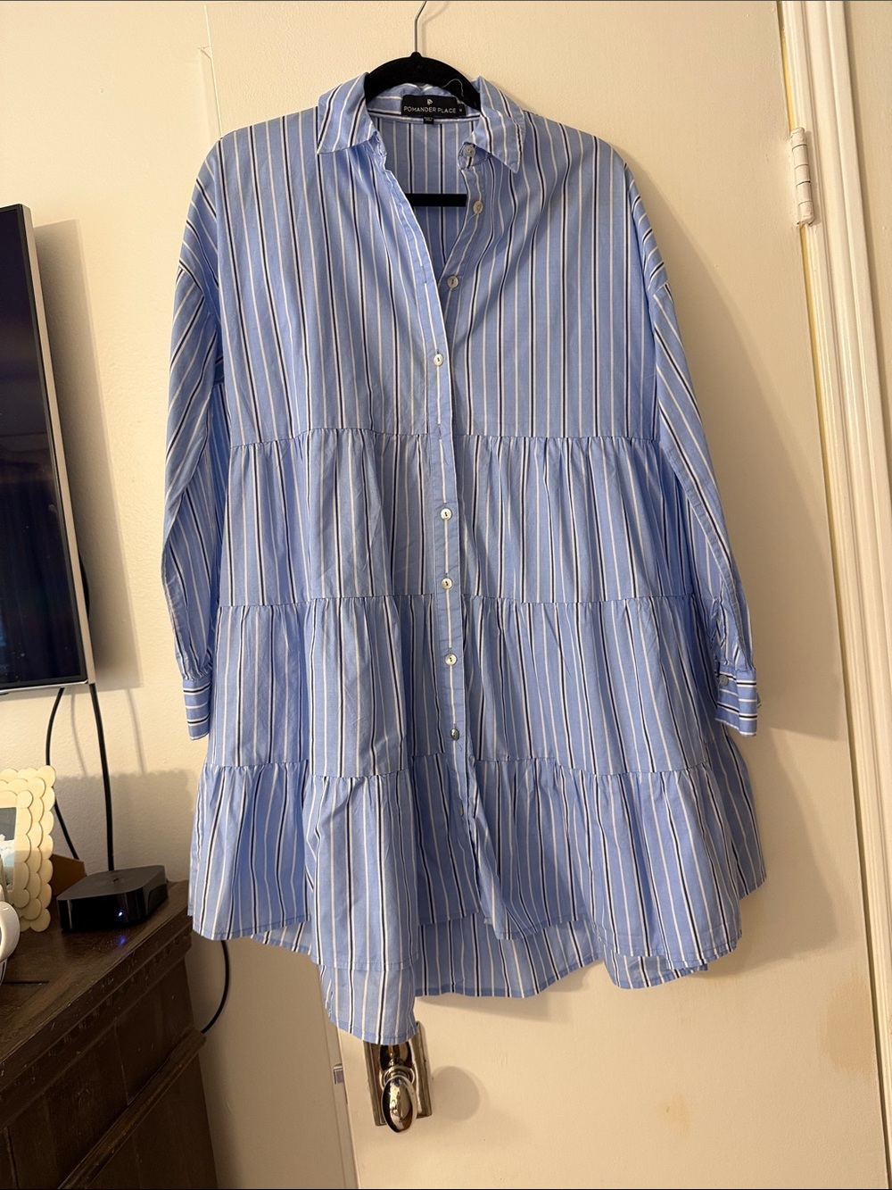 Pomander Place Blue and White Striped Tiered Mini Dress